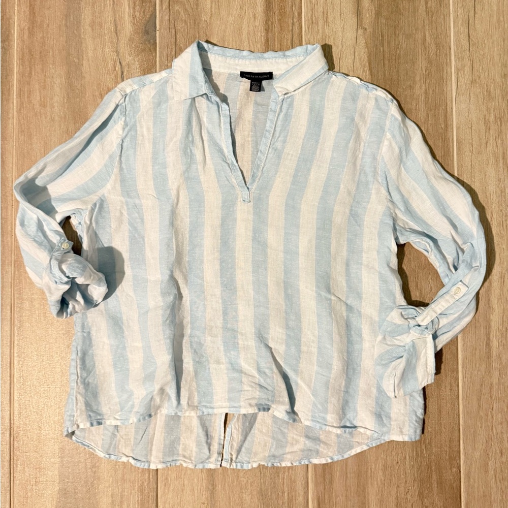 Saks Fifth Avenue 100% Linen Striped Light Blue White Blouse Size Large